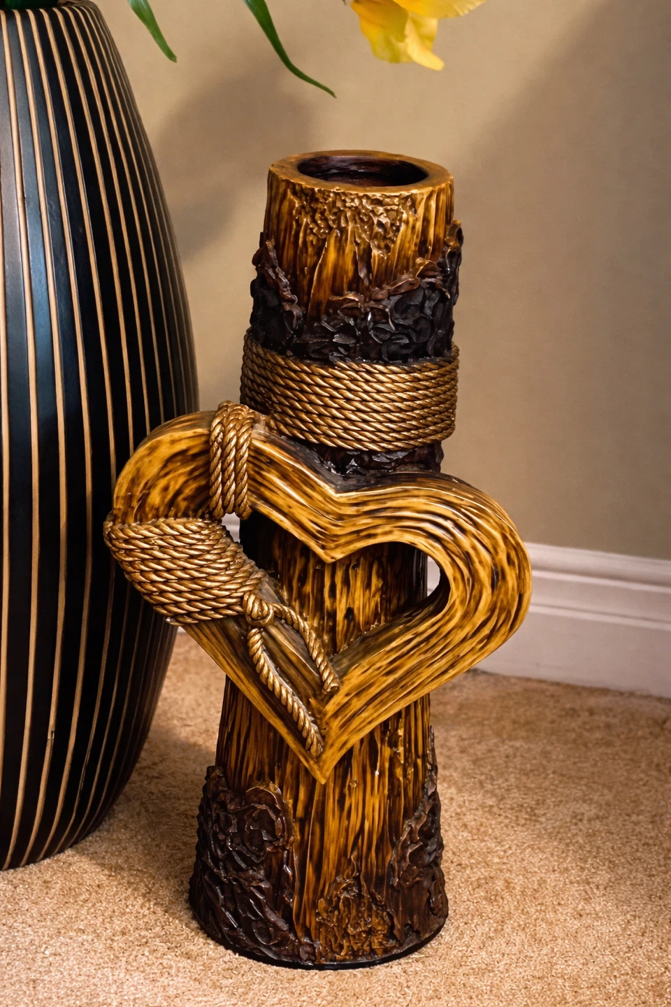 Decorative heart vase with rope accents
