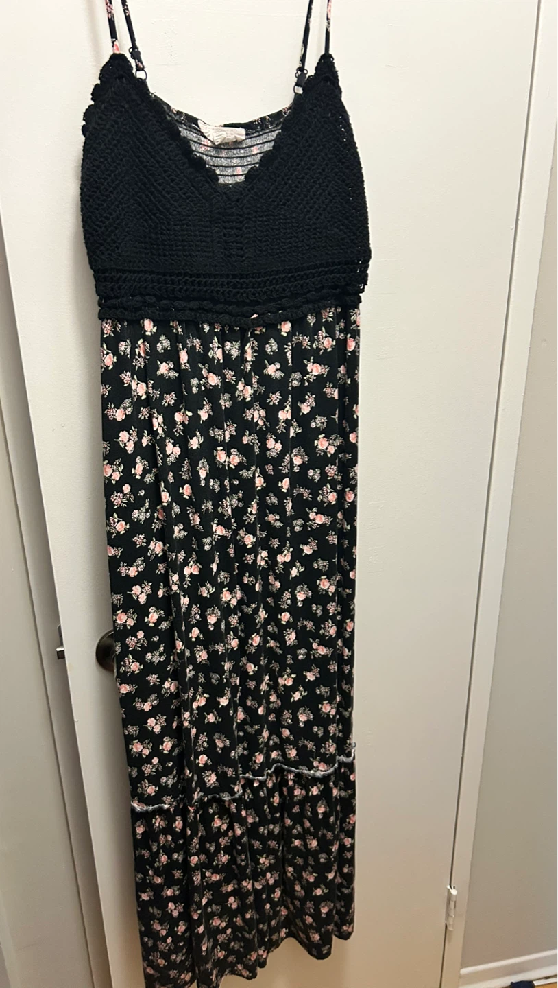 Black Floral Maxi Dress with Crochet Top