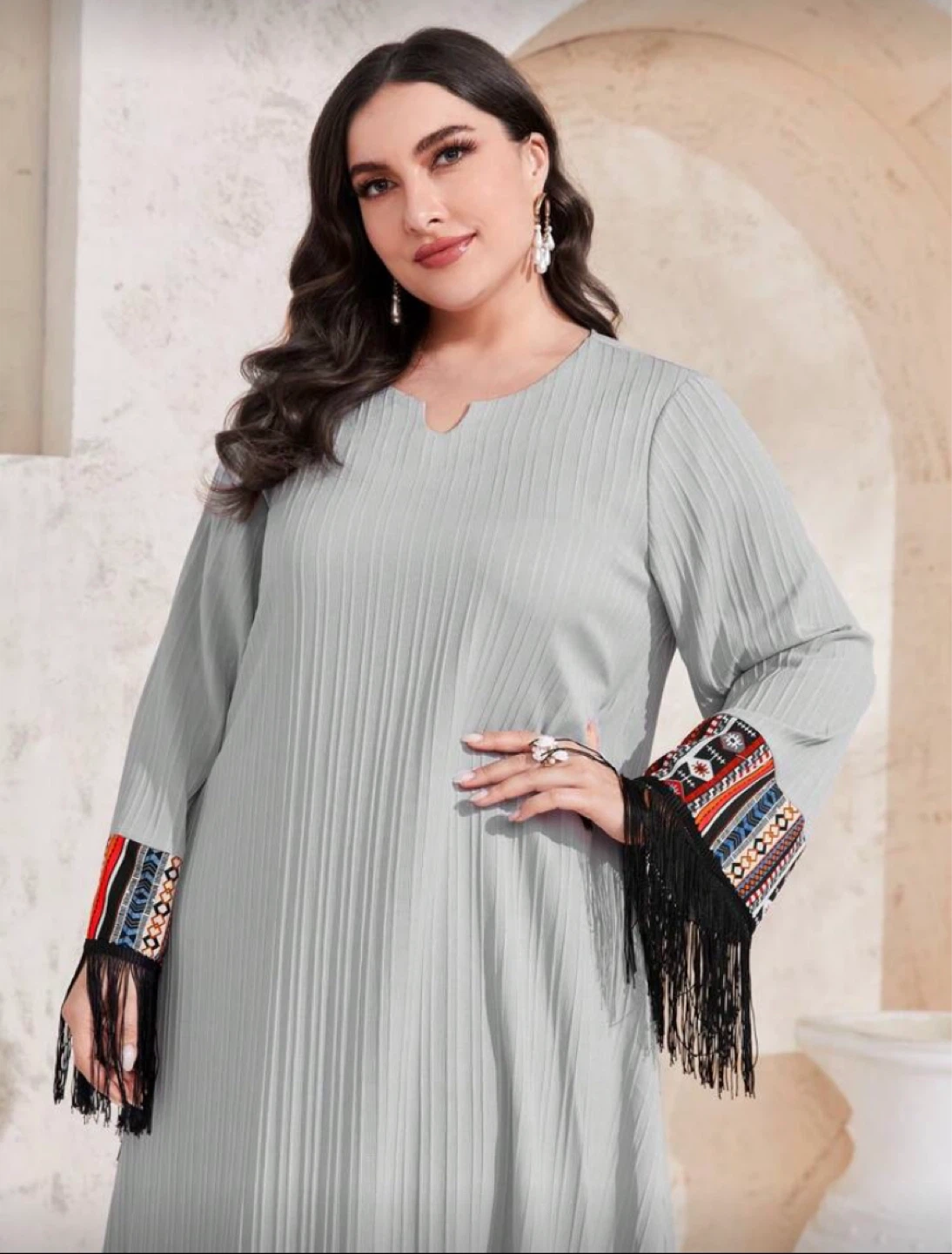 Grey Pleated Dress with Fringed Boho Sleeves and Hem - photo 2