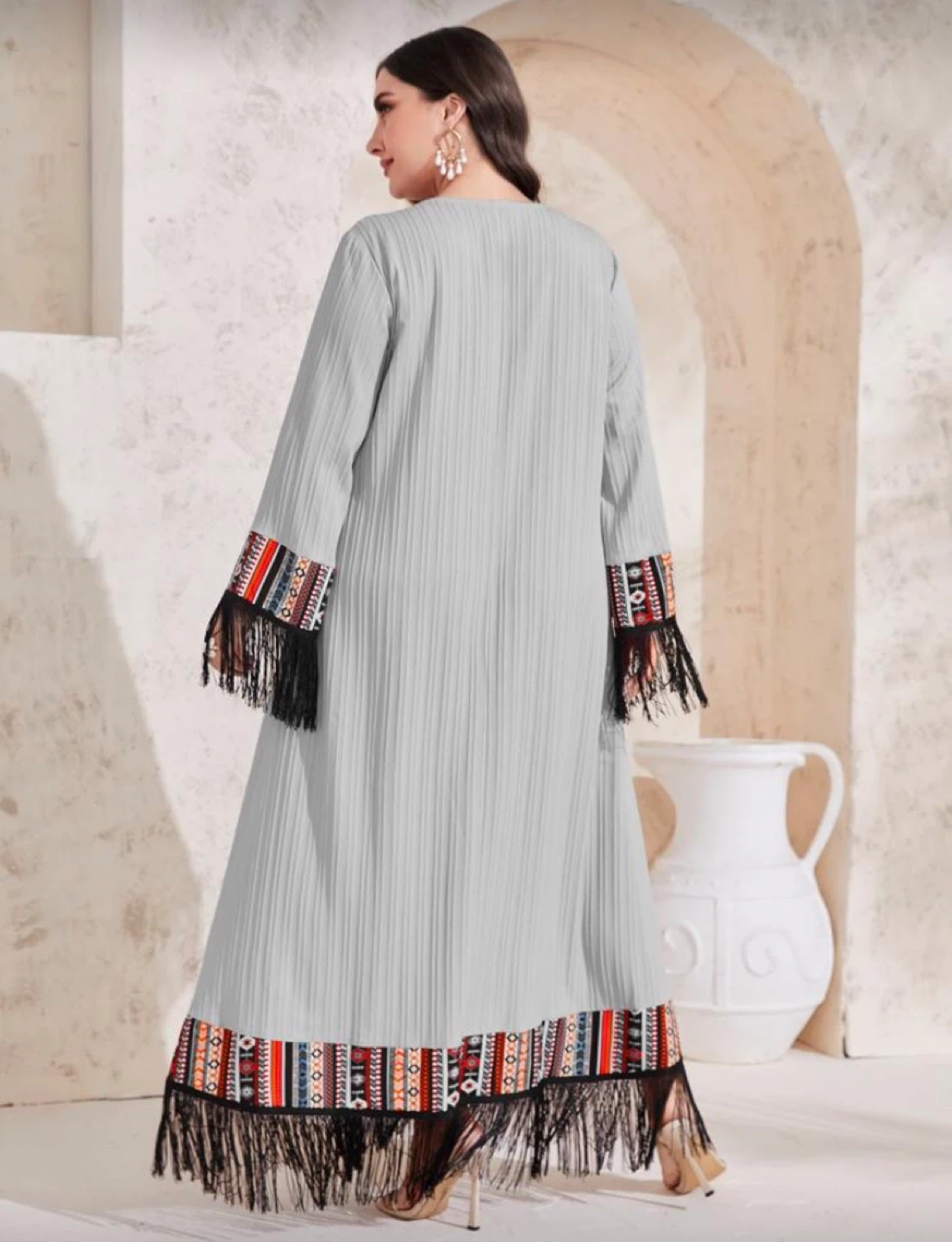Grey Pleated Dress with Fringed Boho Sleeves and Hem - photo 3