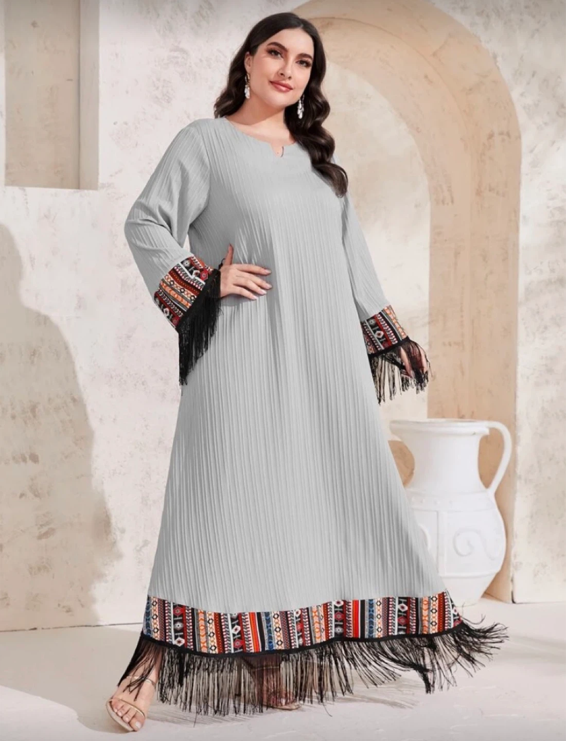 Grey Pleated Dress with Fringed Boho Sleeves and Hem