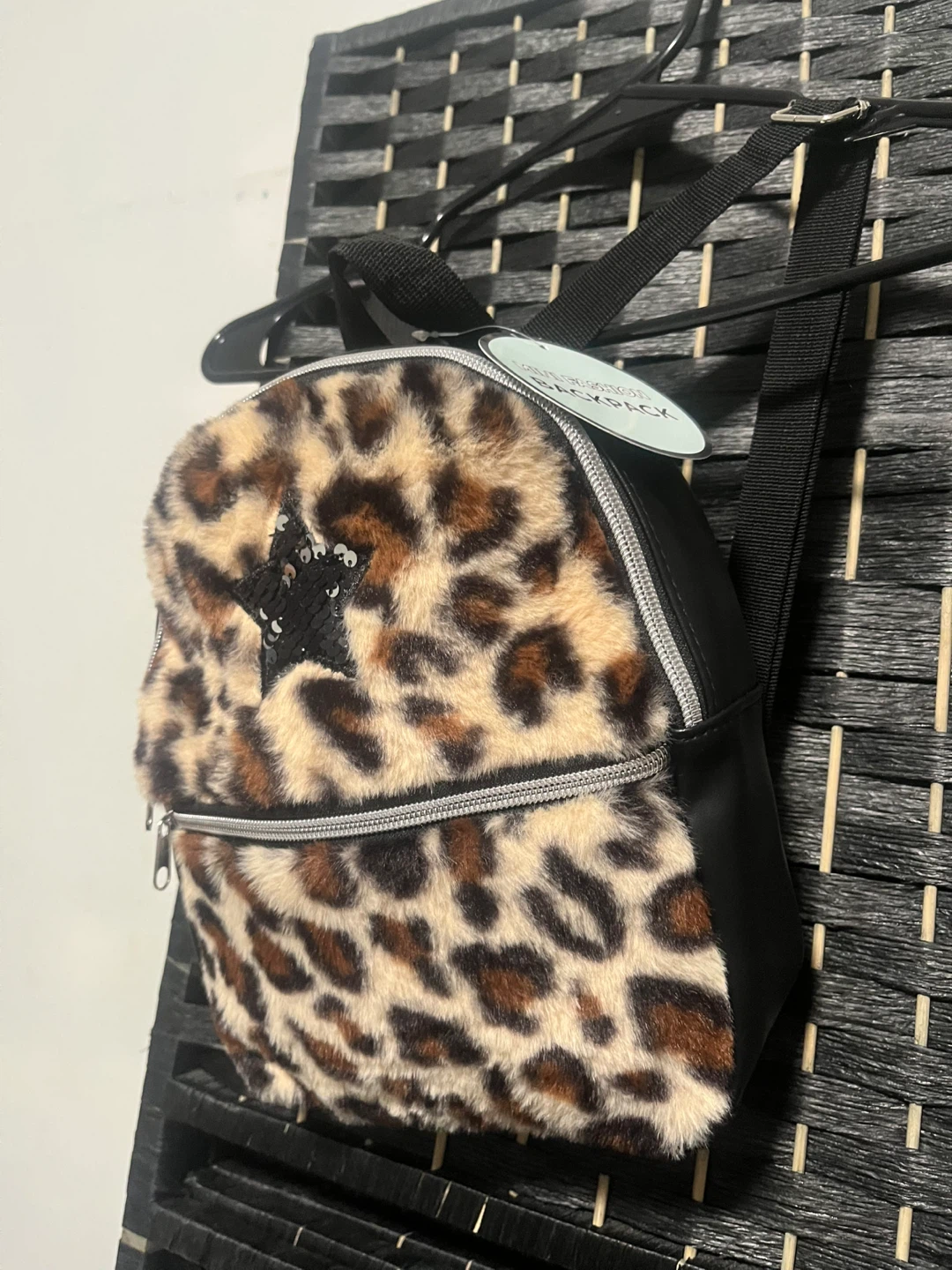 Leopard Print Faux Fur Mini Backpack with Sequin Star
