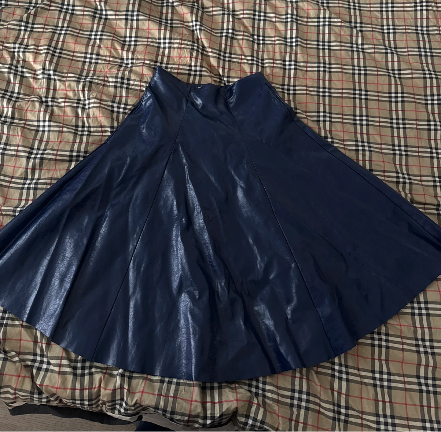 Blue faux leather A-line skirt
