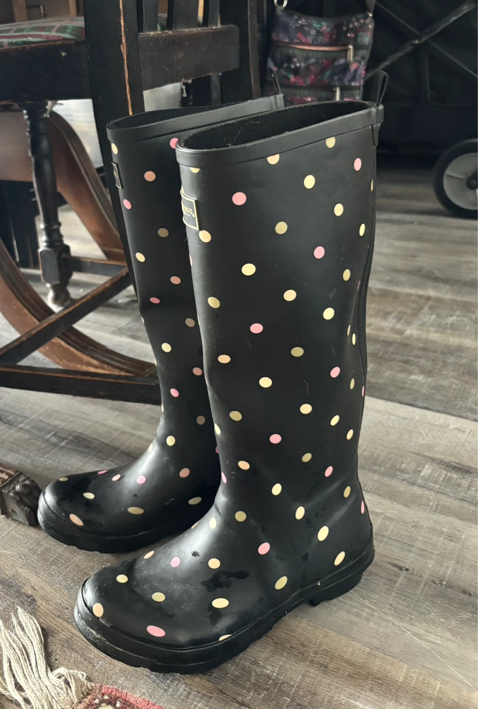 London Fog Black Polka Dot Rain Boots Size 8
