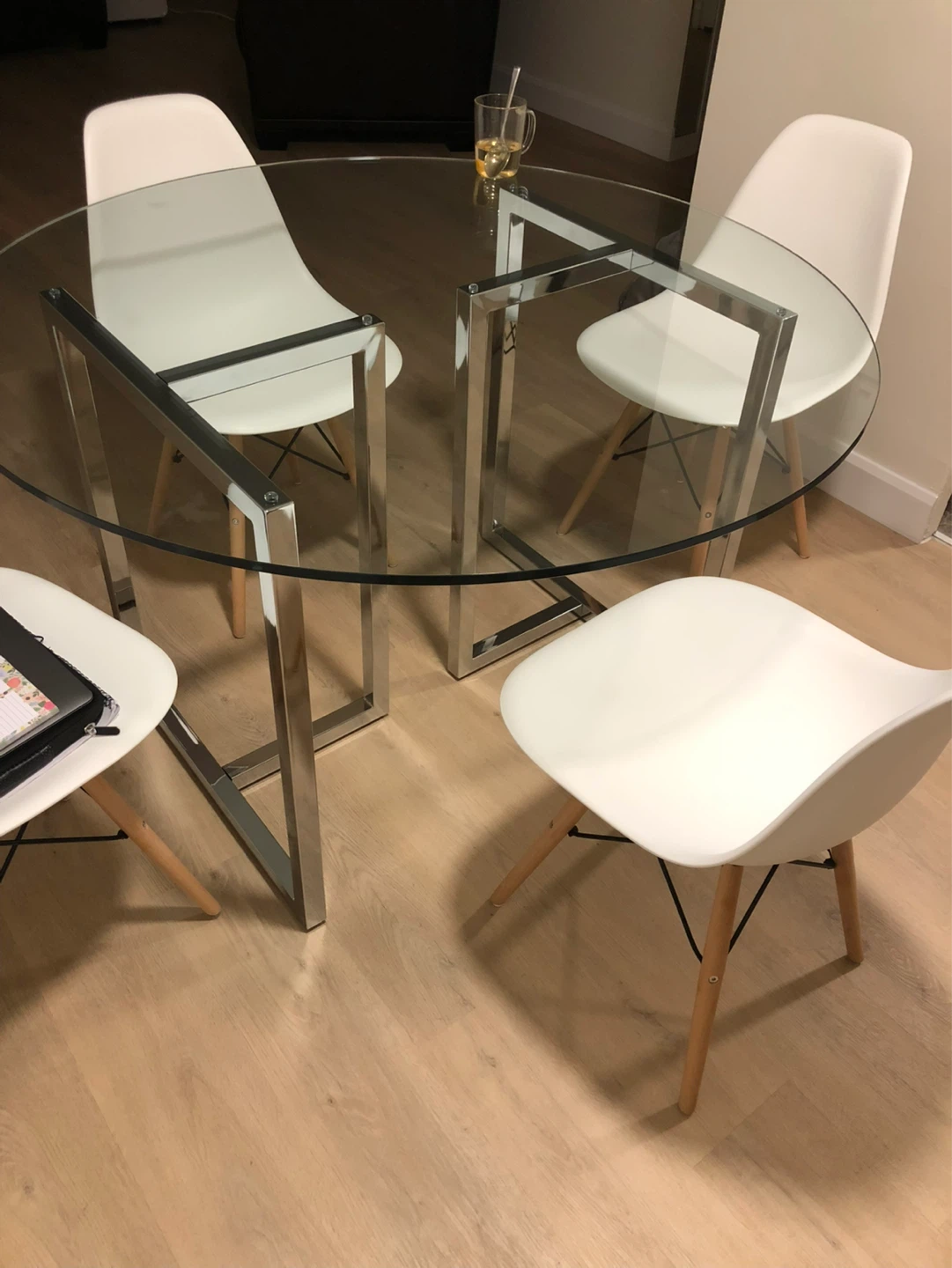 CB2 Glass Top Dining Table with Metal Frame