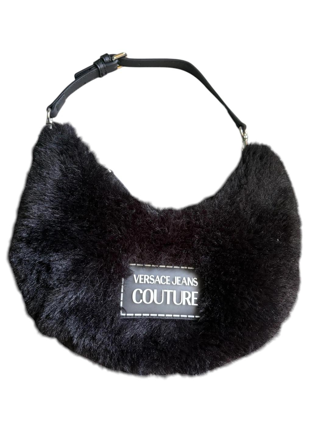 Versace Jeans Couture Black Faux Fur Crescent Shoulder Bag