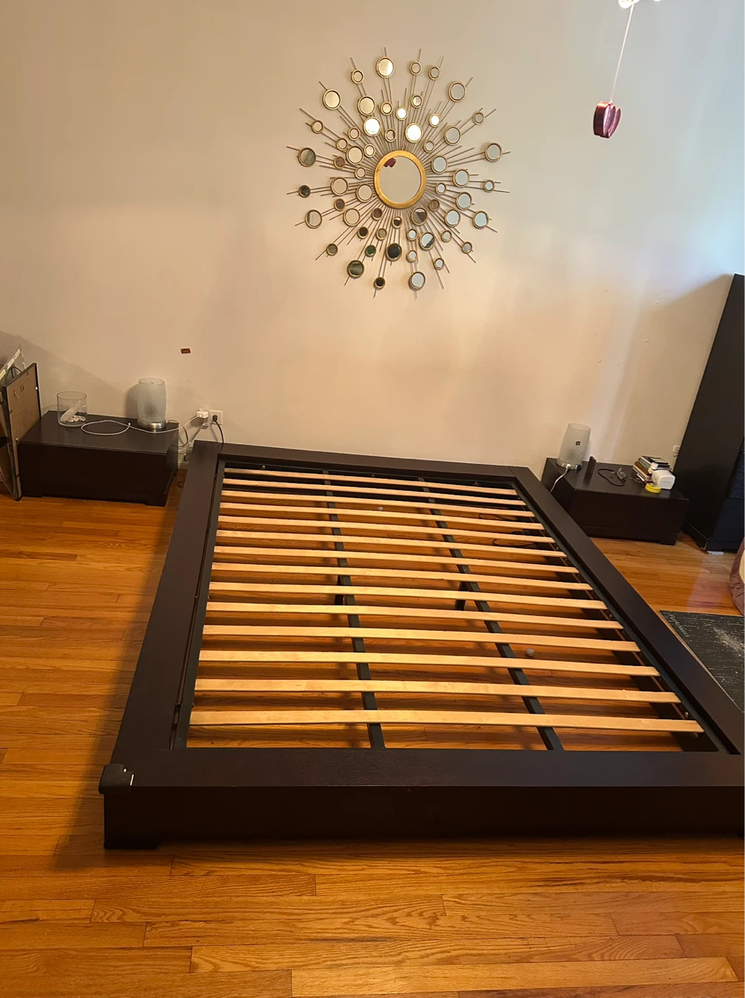 Dark Wood Platform Bed Frame, 2 nightstands