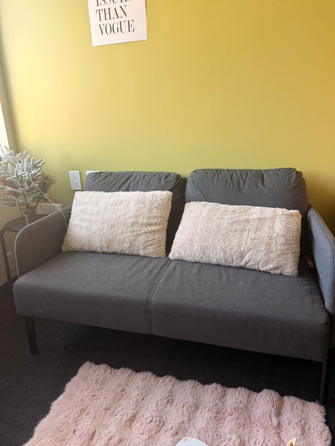 Dark Grey Loveseat Sofa with Two White Pillows