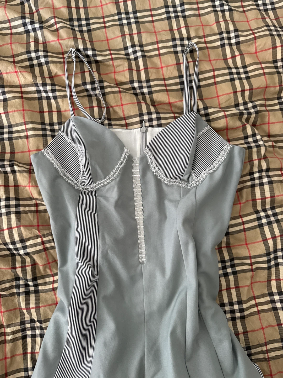 Designer Grey Strappy Dress with Striped Accents