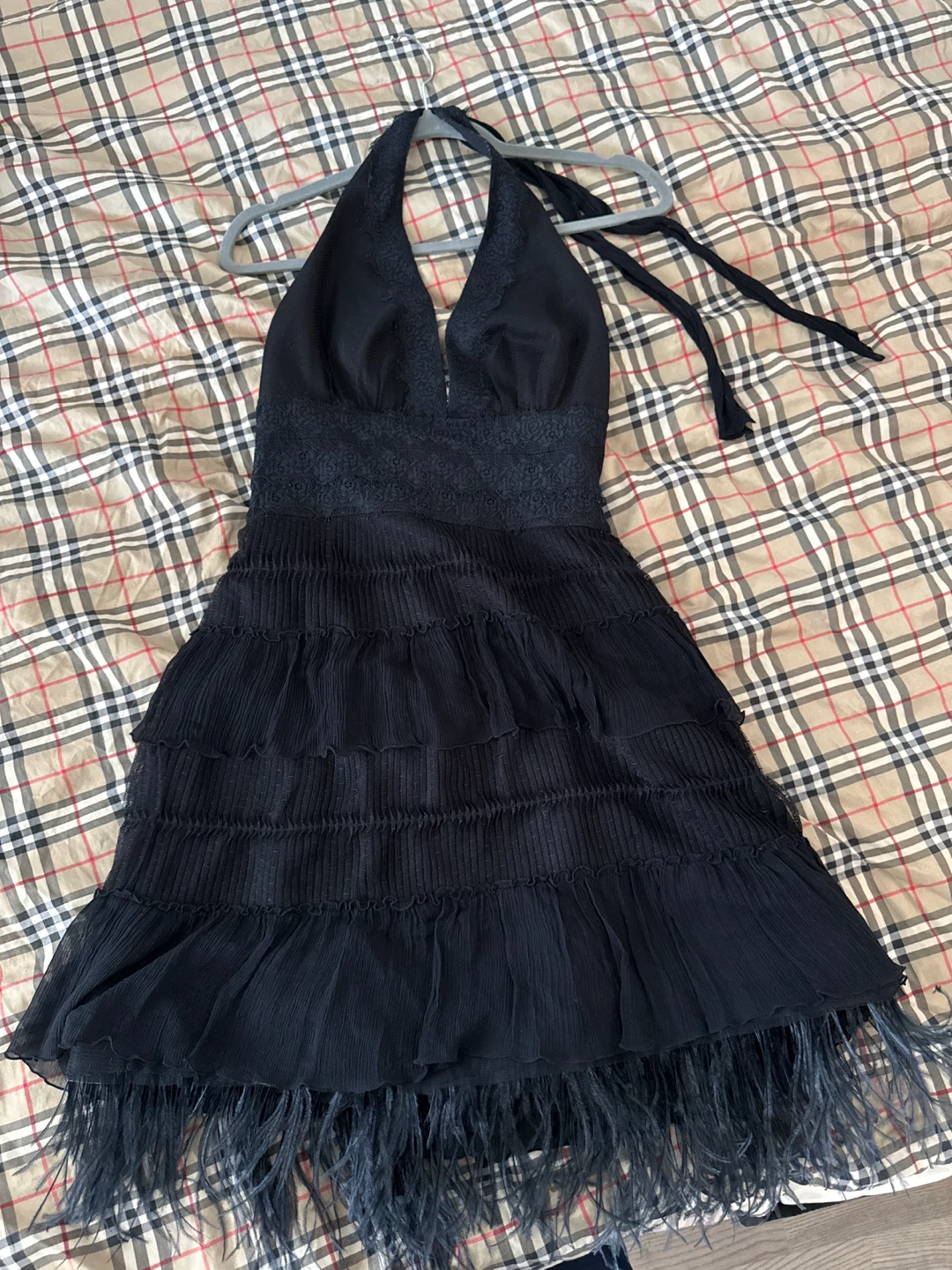 BCBG Black Halter Neck Tiered Feather Trim Dress