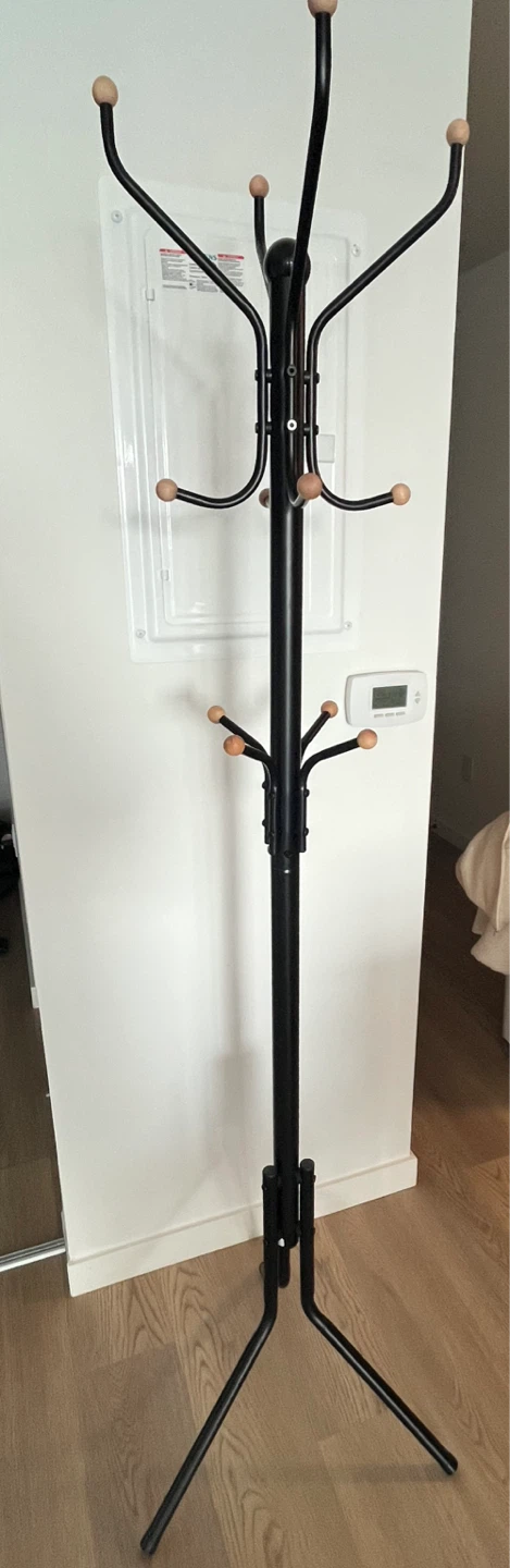 Black Standing Coat Rack with Wooden Hooks