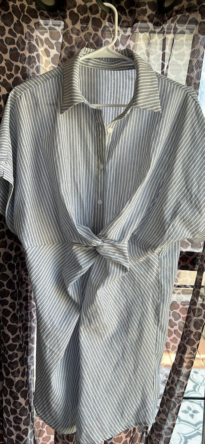 Blue and White Striped Tie-Front Tunic Shirt