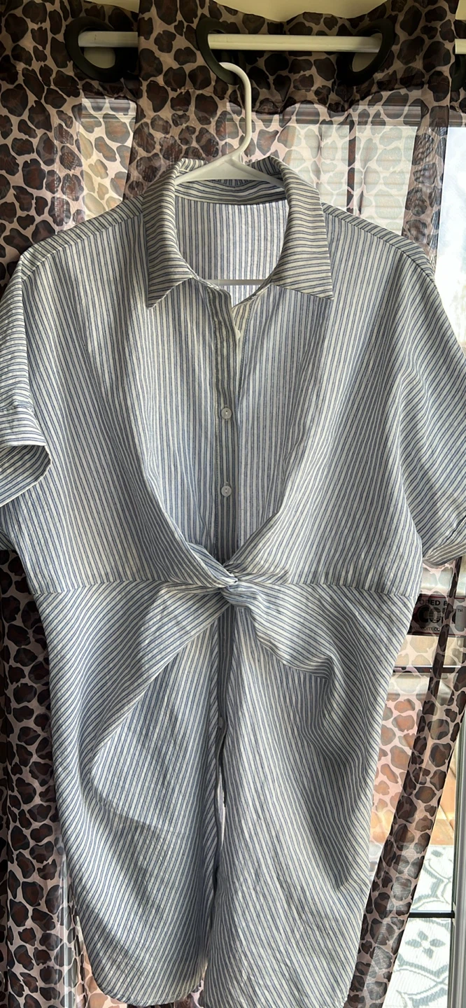 Blue and White Striped Tie-Front Tunic Shirt - photo 2