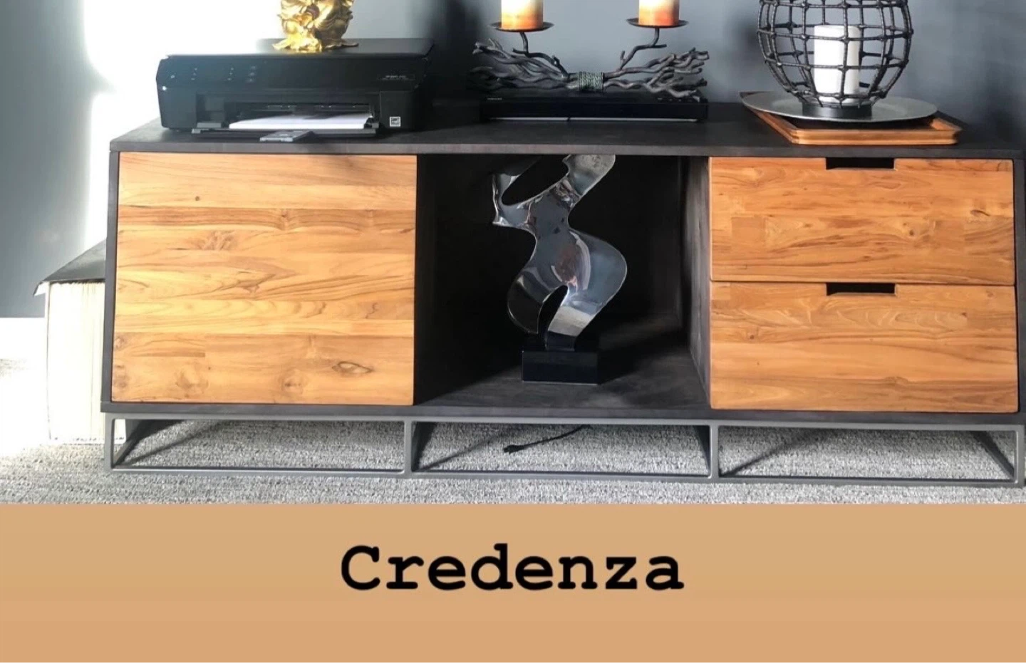 Modern Credenza Sideboard with Wood Doors and Metal Frame