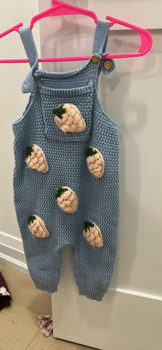 Baby Blue Knit Overalls with Strawberry Appliques