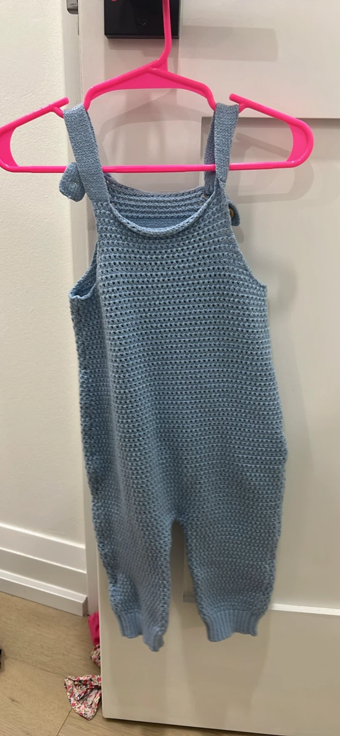 Baby Blue Knit Overalls with Strawberry Appliques - photo 2