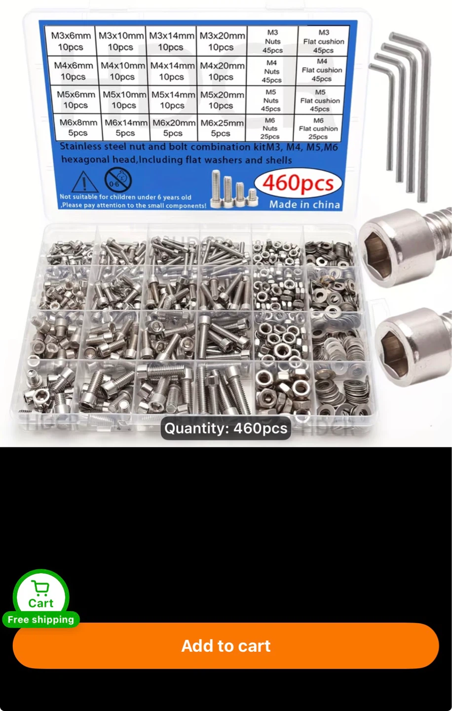 460pcs Stainless Steel Cup Head Hex Nut and Bolt Assortment Kit - photo 3