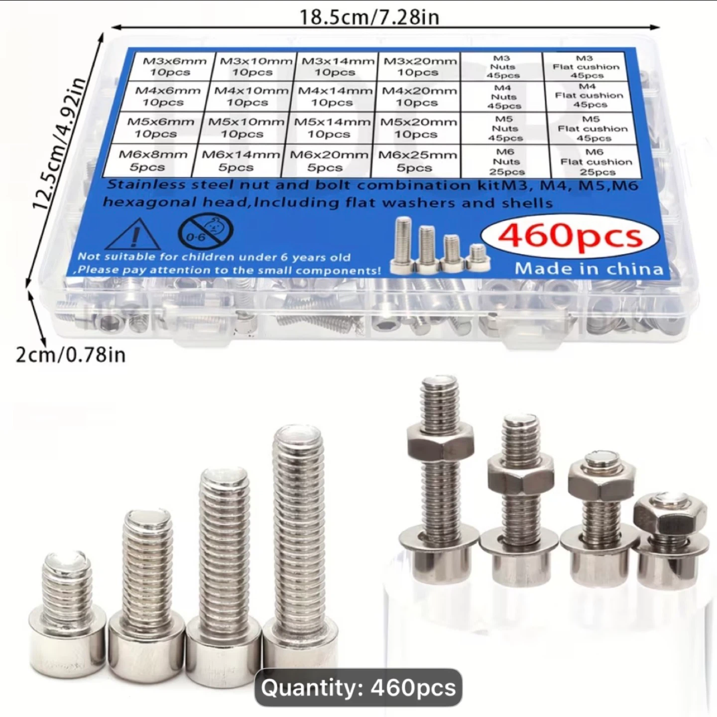 460pcs Stainless Steel Cup Head Hex Nut and Bolt Assortment Kit