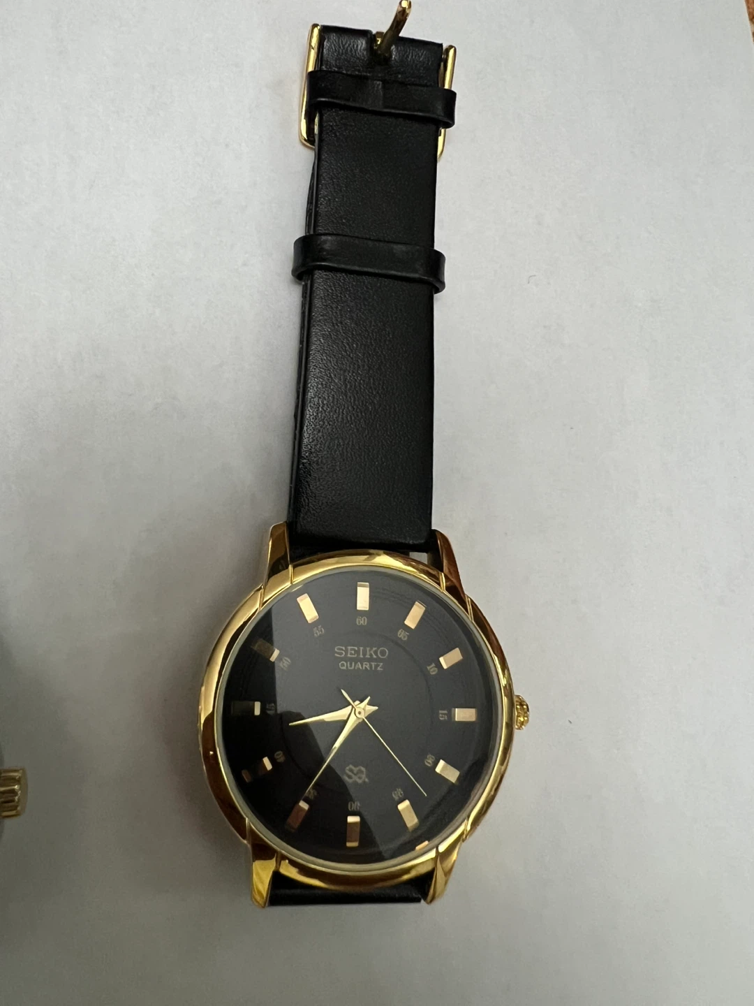 Seiko Quartz Watch - Gold Tone Case, Black Leather Band