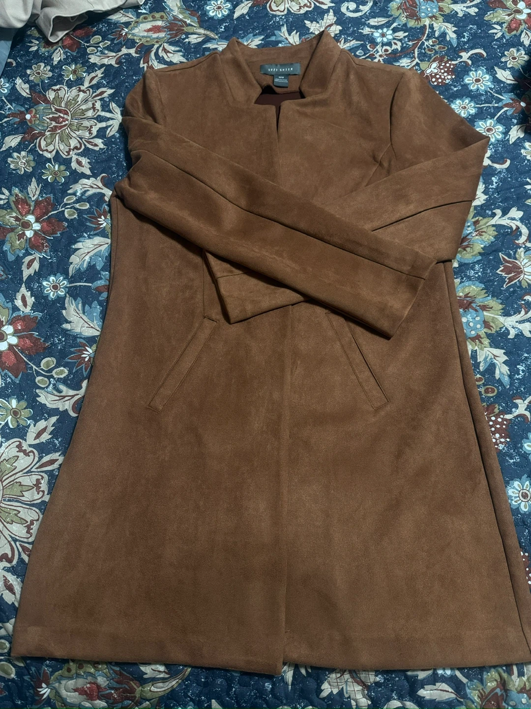 Brown Suede-like Open Front Coat - Size Medium