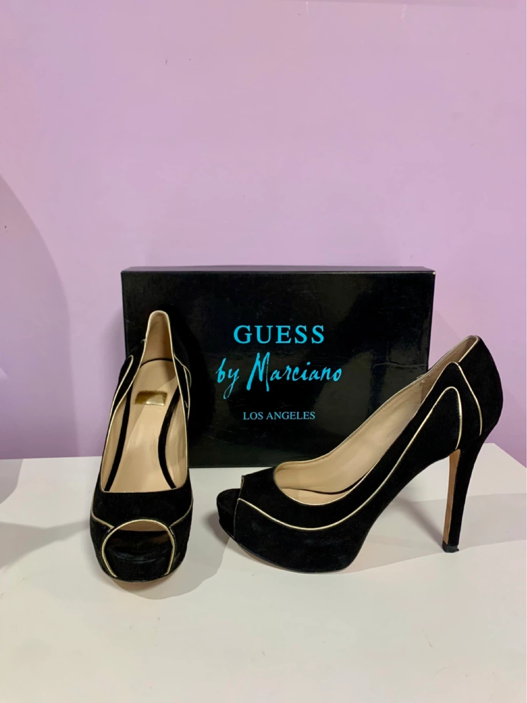 GUESS by Marciano Black Suede Peep-Toe Heels