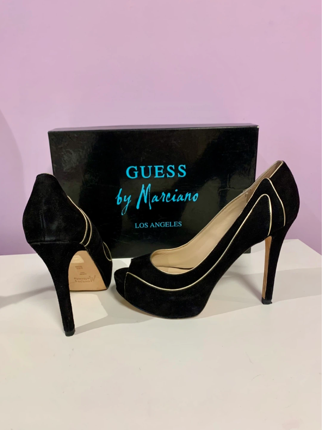 GUESS by Marciano Black Suede Peep-Toe Heels - photo 3