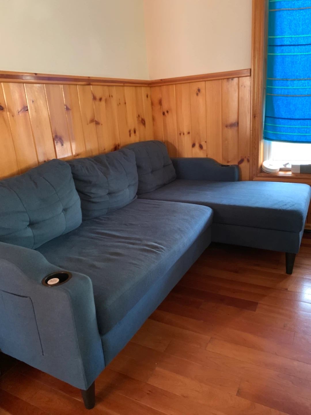 Blue Sectional Couch with Chaise and Cup Holder