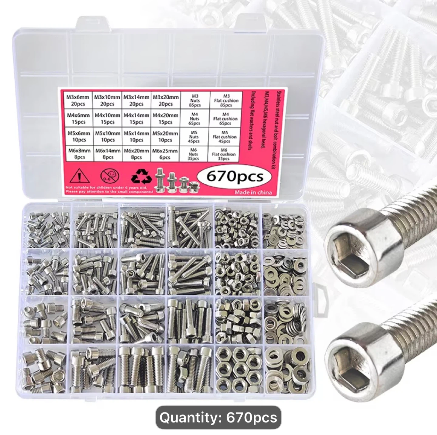 670pcs Hex Inner Hex Screws and Nuts and Washers Combination Kit