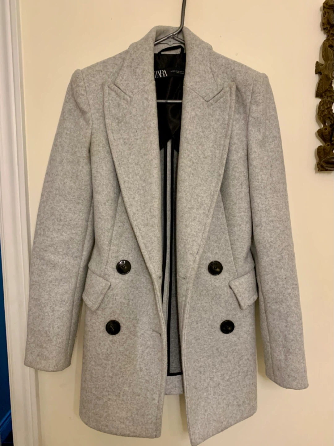ZARA Grey Double-Breasted Wool Blend Coat