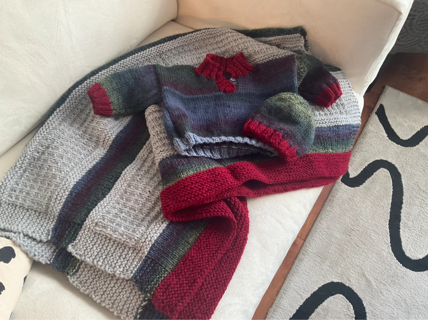 hand knit sweater, hat and blanket