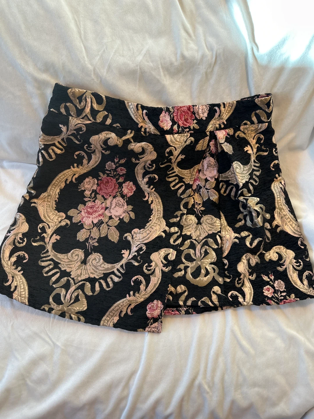 Black Brocade Floral Mini Skirt