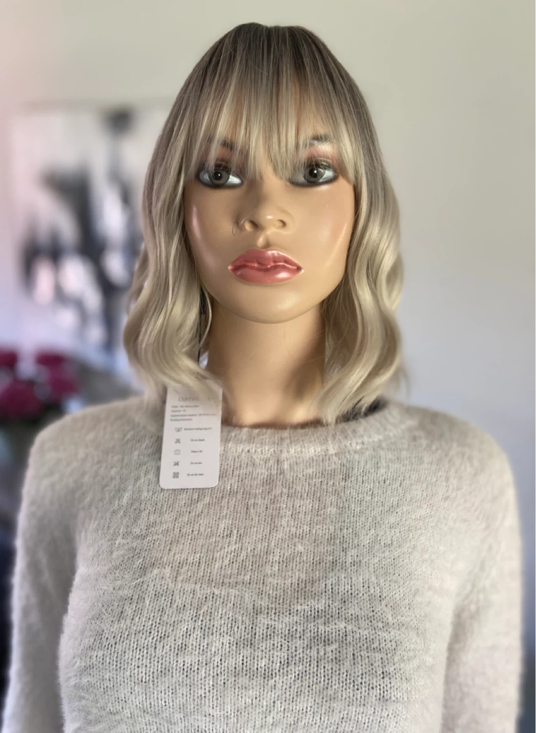 NWT: 12” Wavy Ombre Silver White Grey Synthetic Wig w/ Bangs