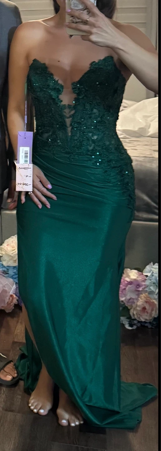 Ladivine CDS465 Green Strapless Floral Gown