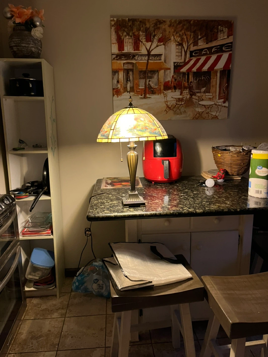 Stained Glass Table Lamp with Village Scene