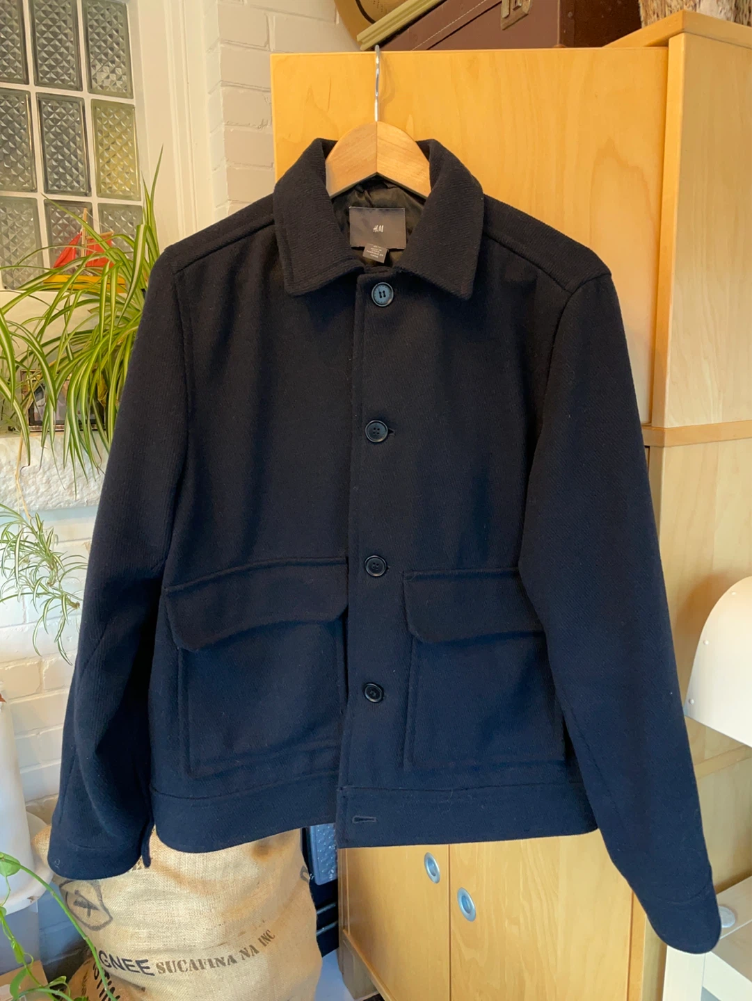 H&M Wool Blend Navy Twill Bomber Jacket