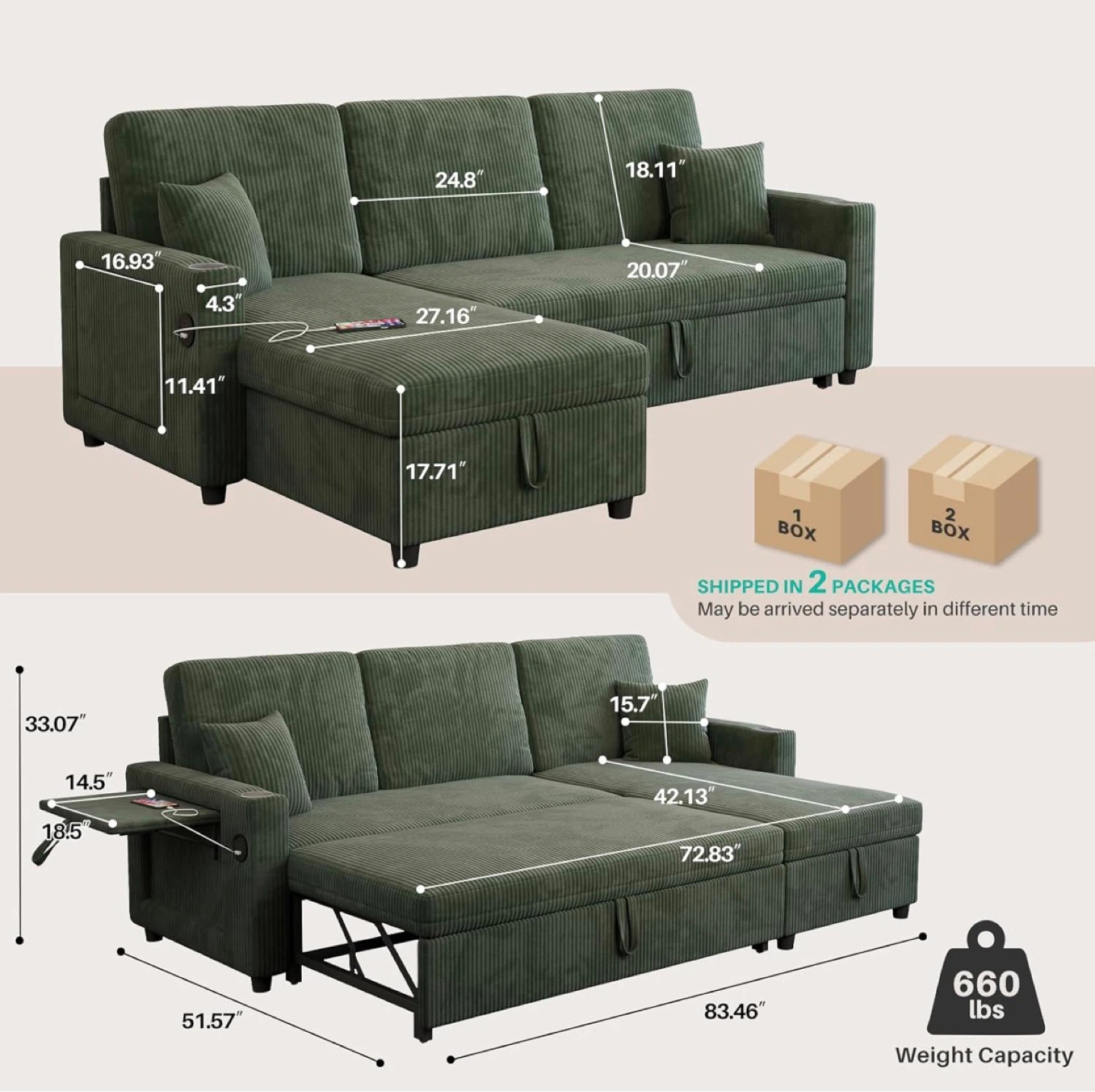 Green Corduroy Sectional Sofa with Storage Chaise - photo 2