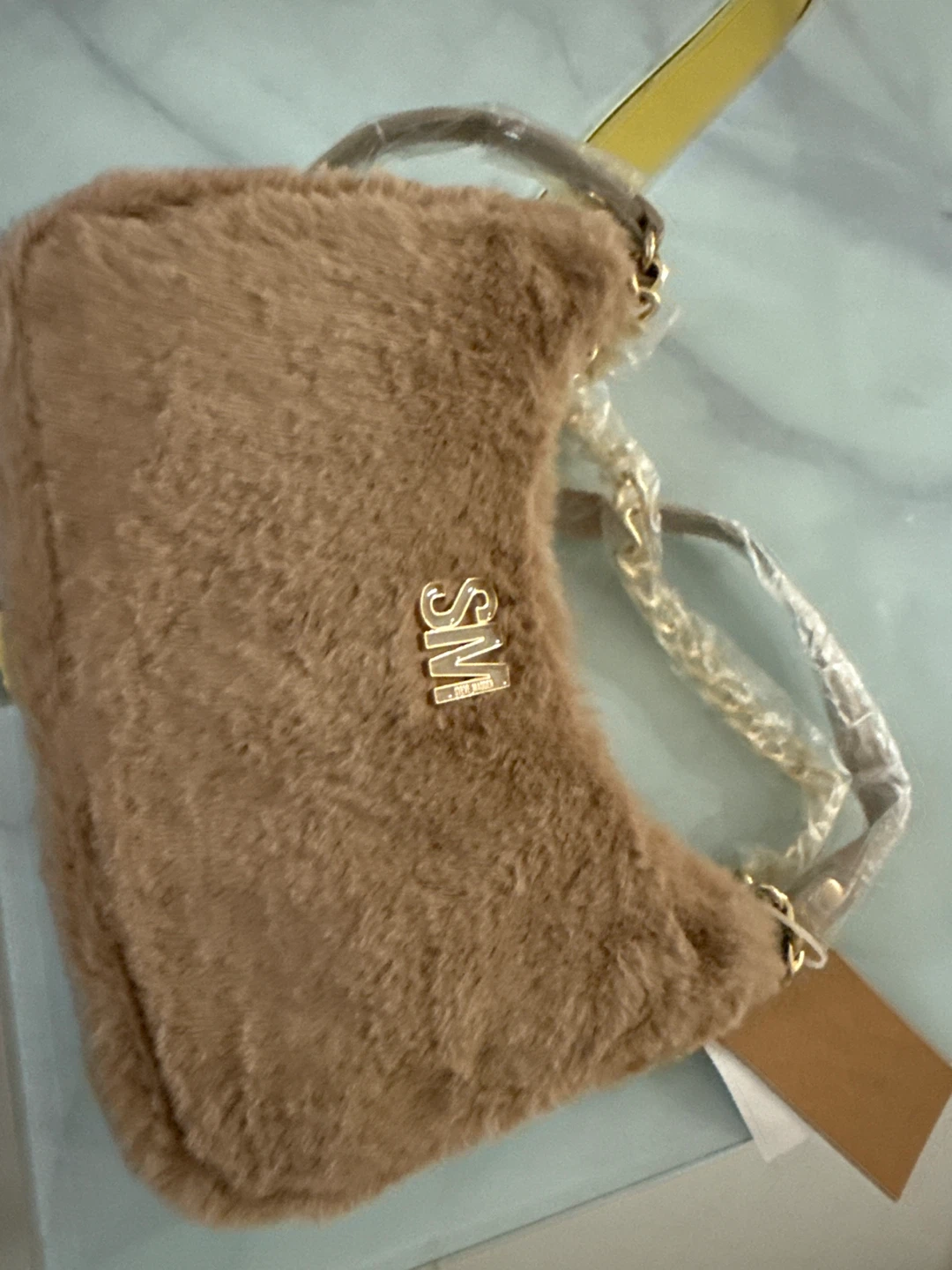 Steve Madden Faux Fur Shoulder Bag Tan.  Pink
