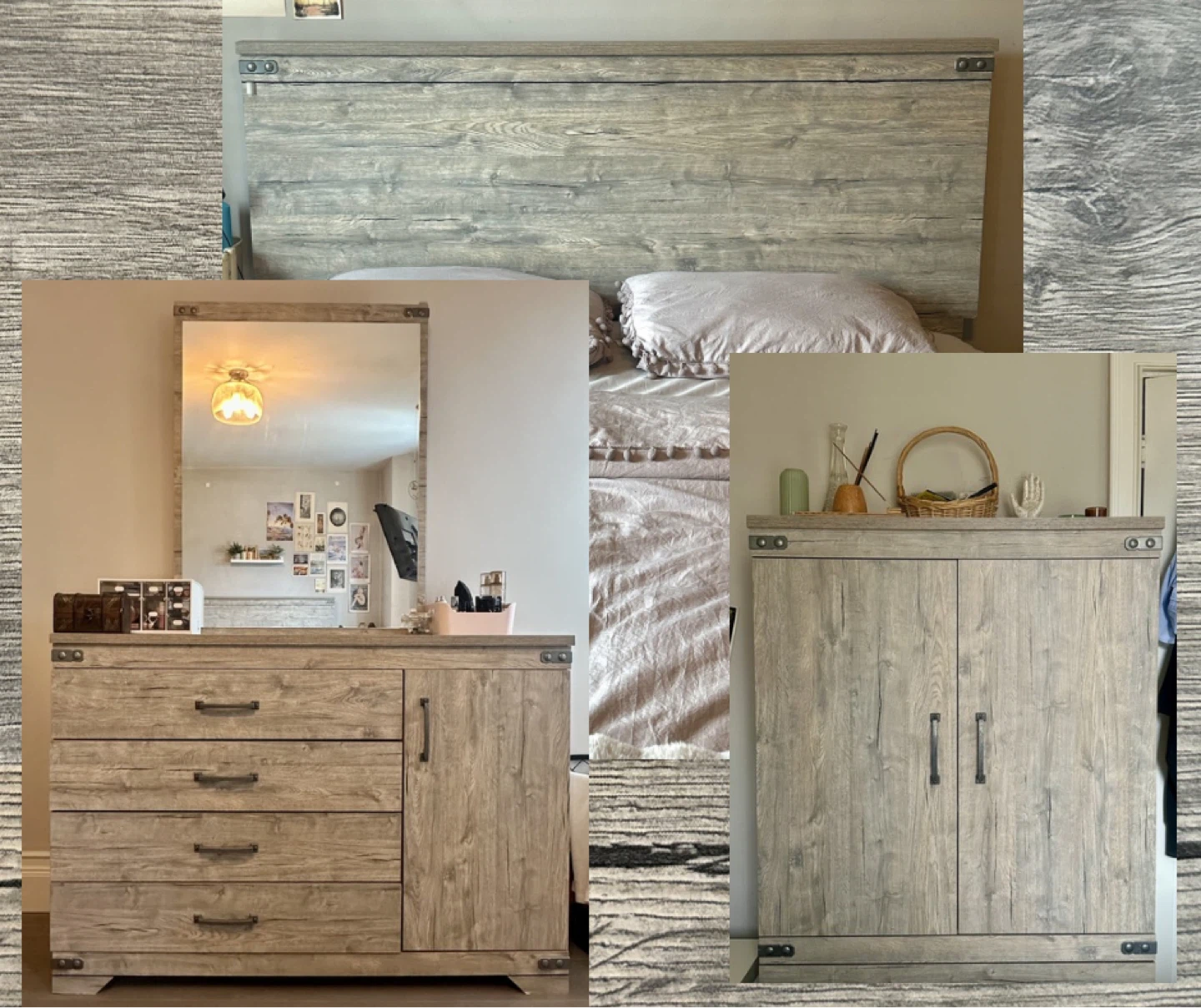 Bedroom Set- Queen Bedframe, Dresser with Large Mirror, Armoire