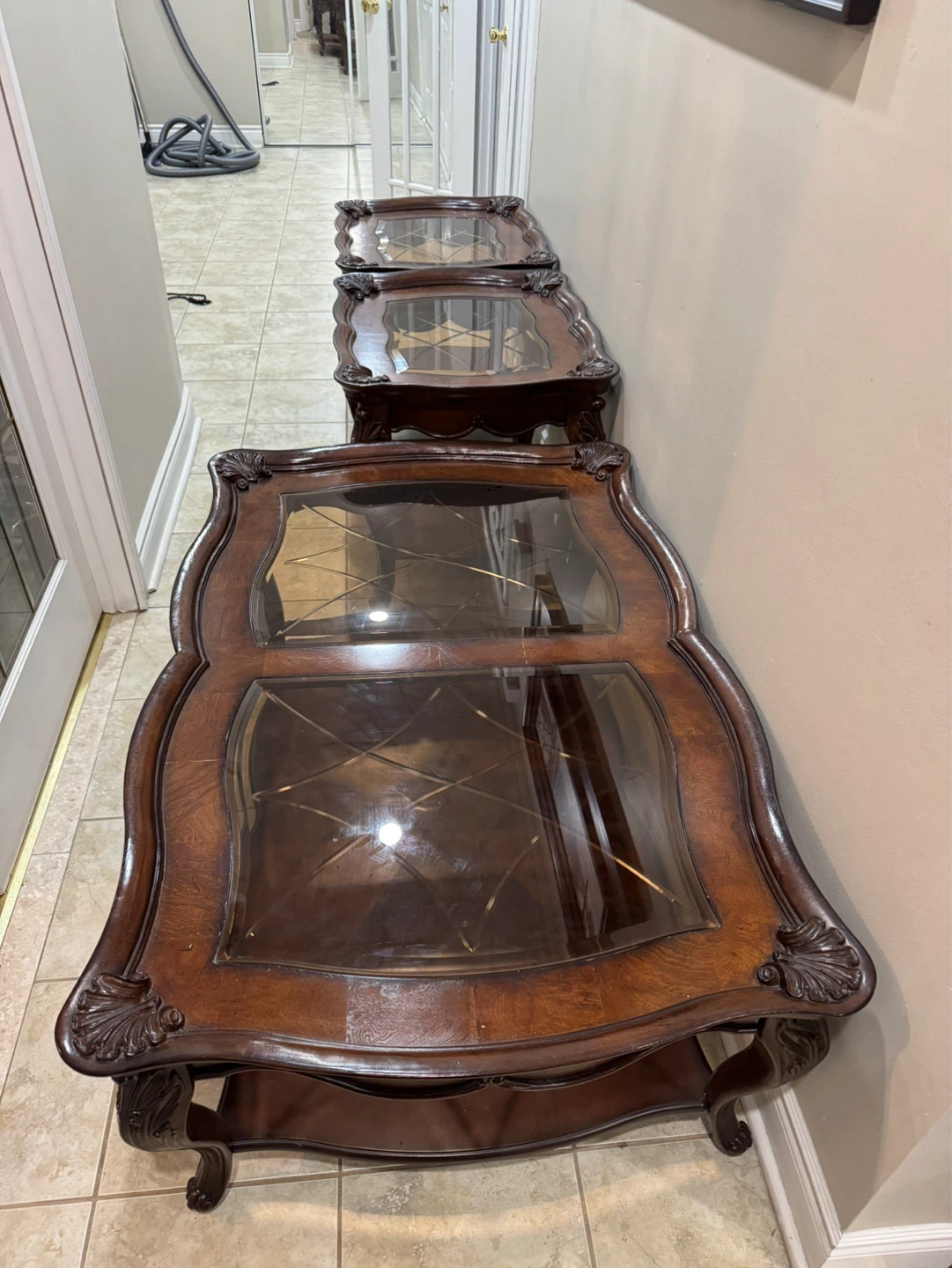 Set of 3 Vintage Ornate Wood and Glass End Tables - photo 2