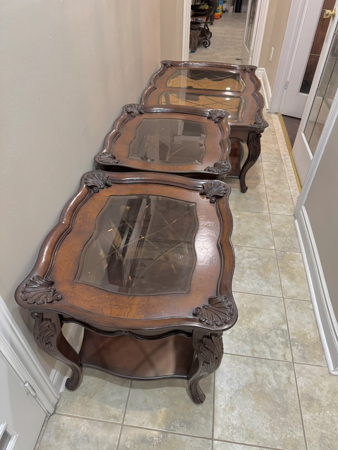 Set of 3 Vintage Ornate Wood and Glass End Tables