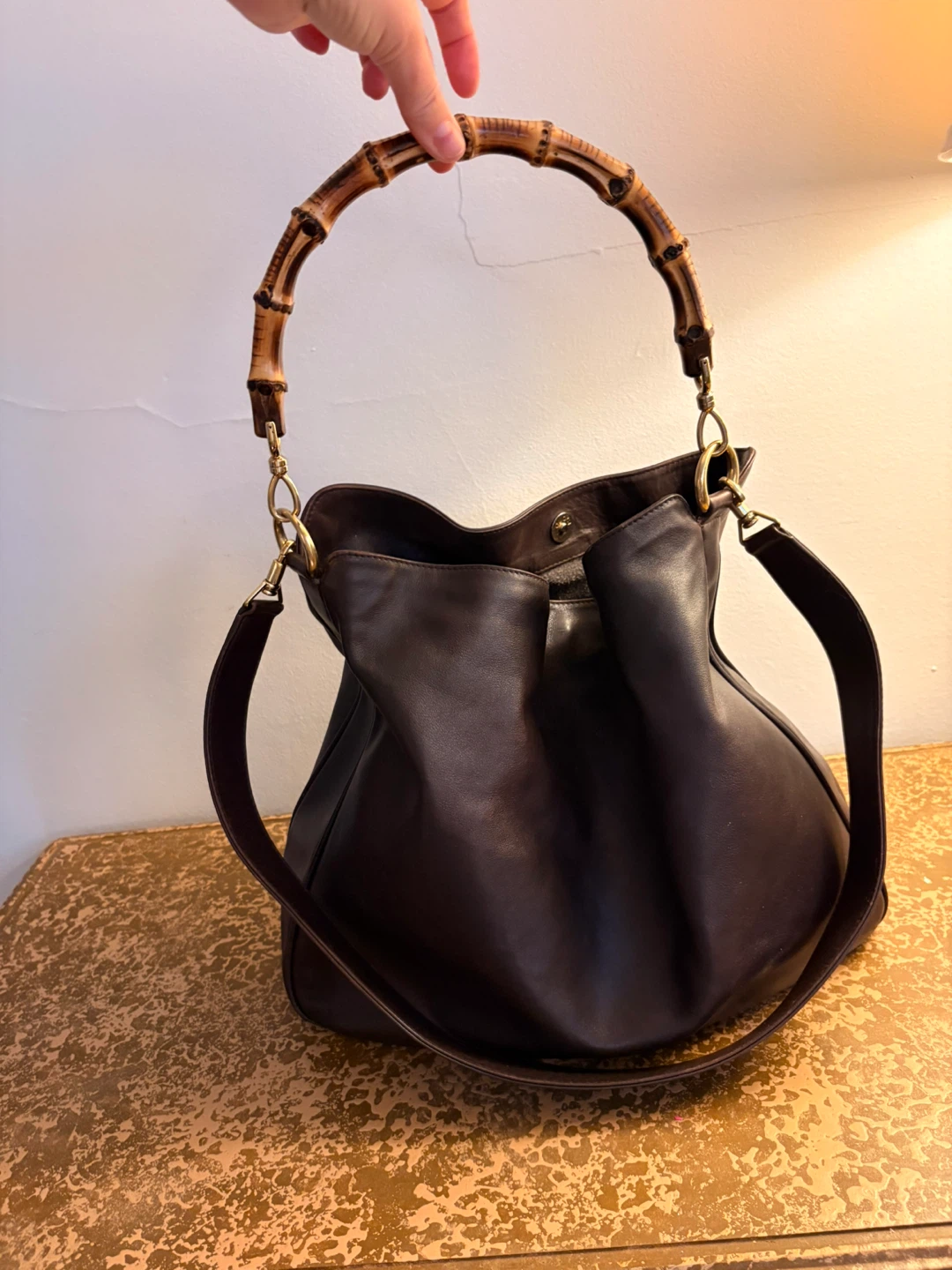 Gucci Brown Leather Bamboo Handle Shoulder Bag
