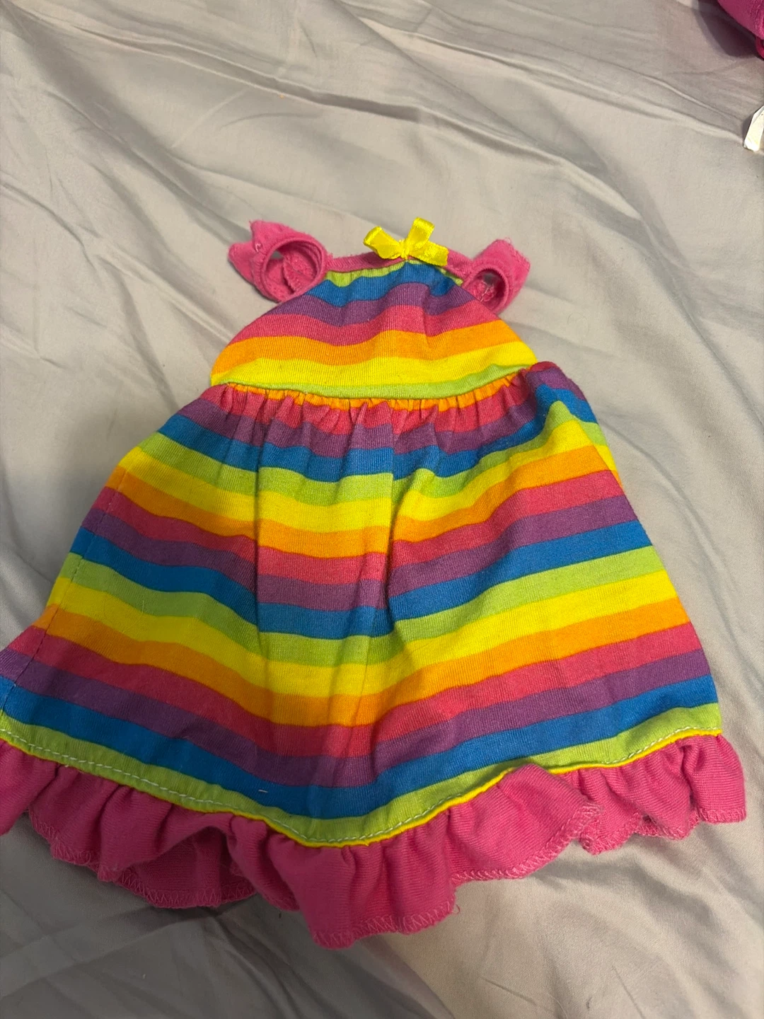 Rainbow Striped Doll Dress with Pink Ruffle