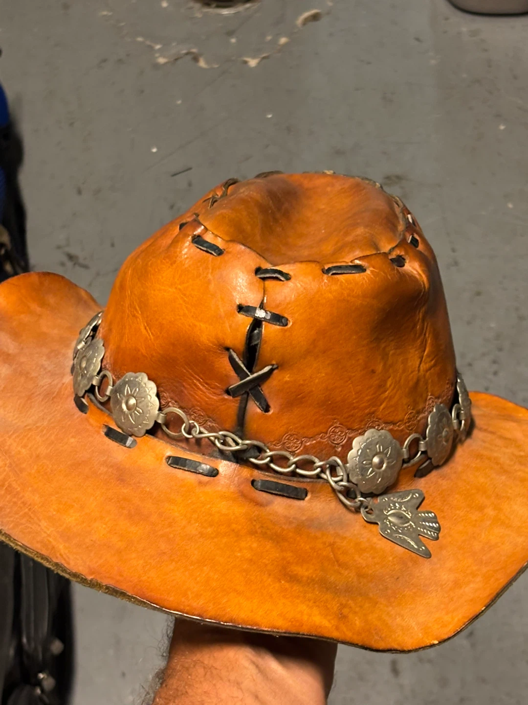 Brown Leather Cowboy Hat with Silver Embellishments