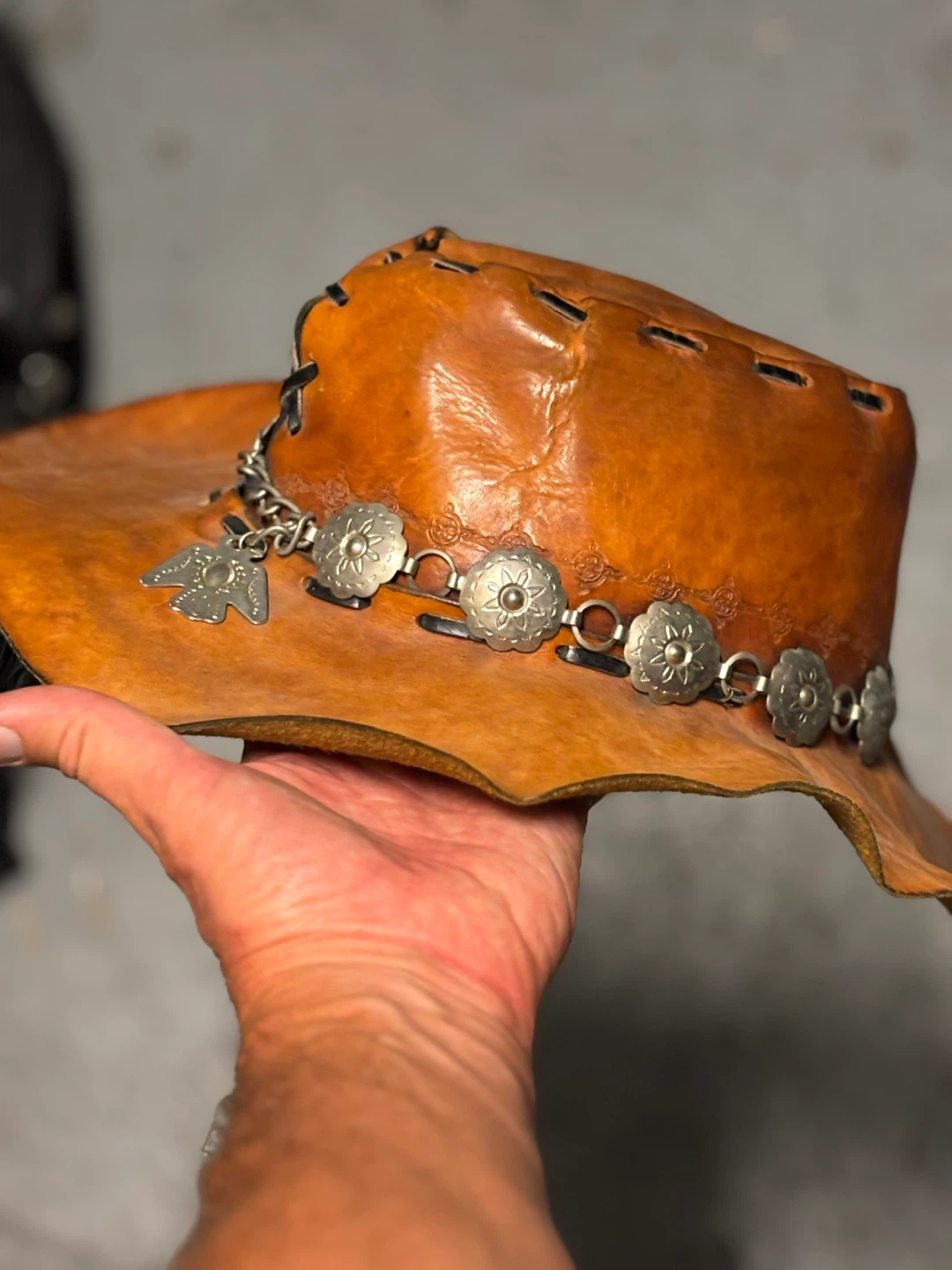 Brown Leather Cowboy Hat with Silver Embellishments - photo 2