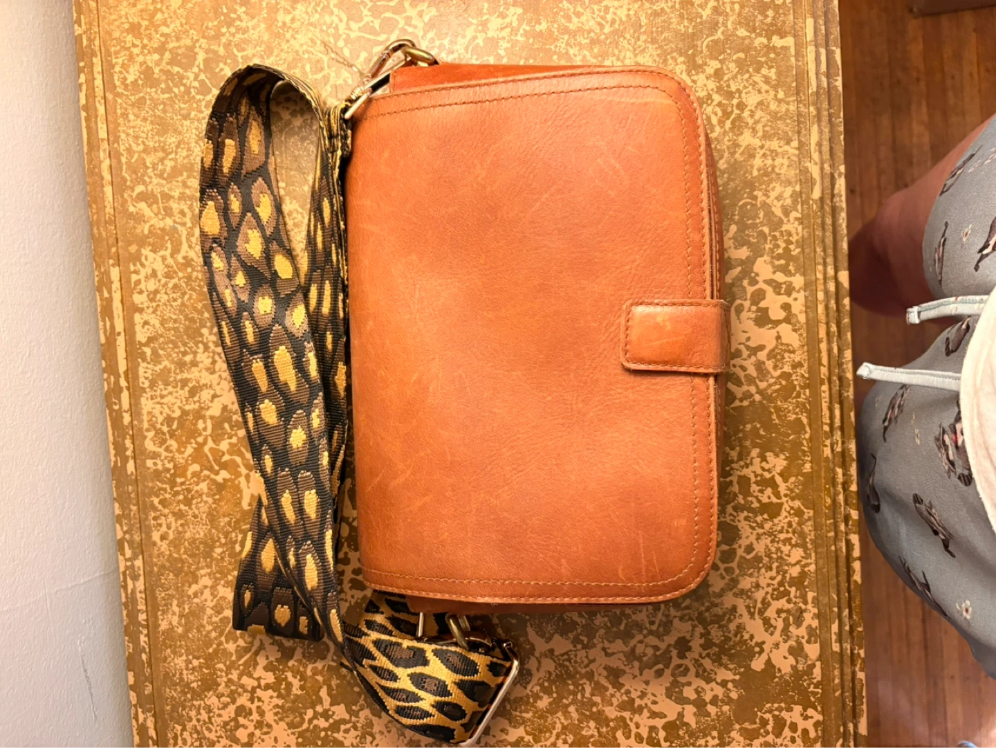 Brown Leather Crossbody Bag with Leopard Print Strap - photo 3