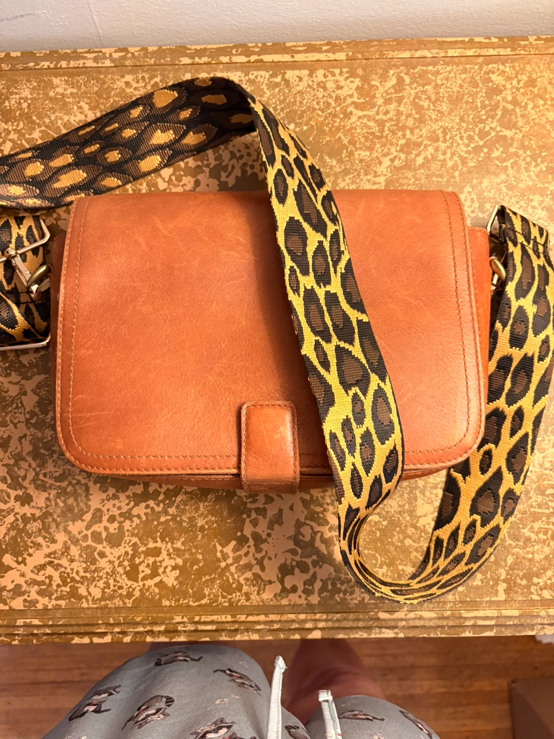 Brown Leather Crossbody Bag with Leopard Print Strap - photo 2