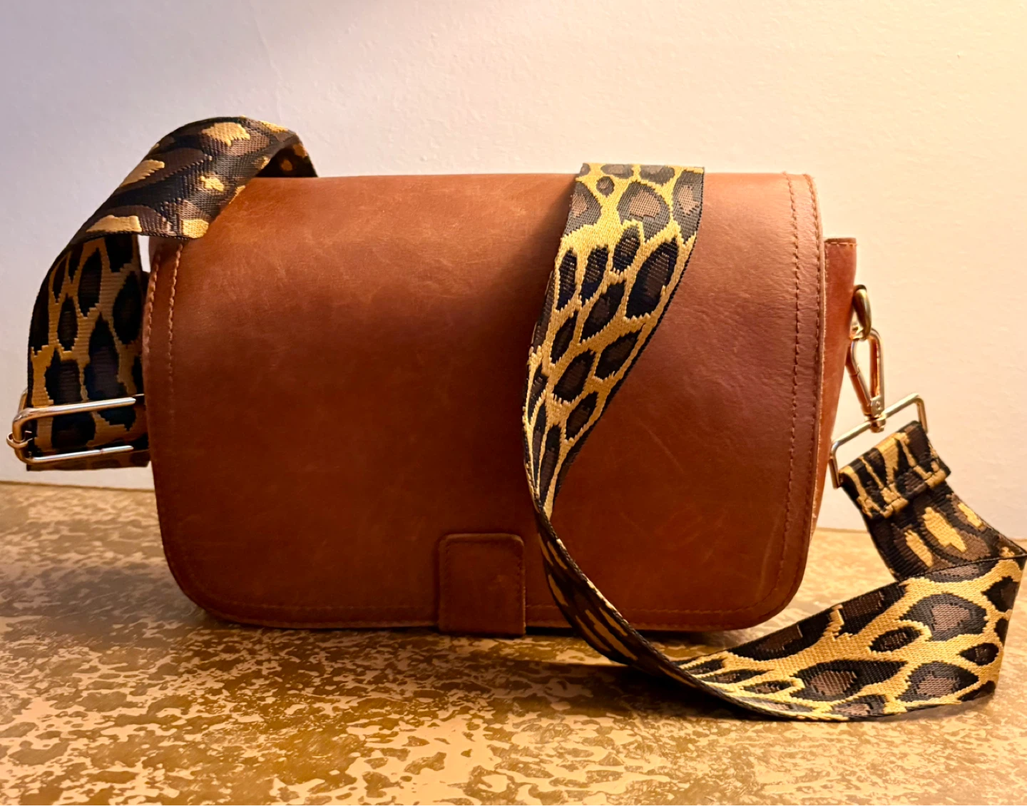 Brown Leather Crossbody Bag with Leopard Print Strap