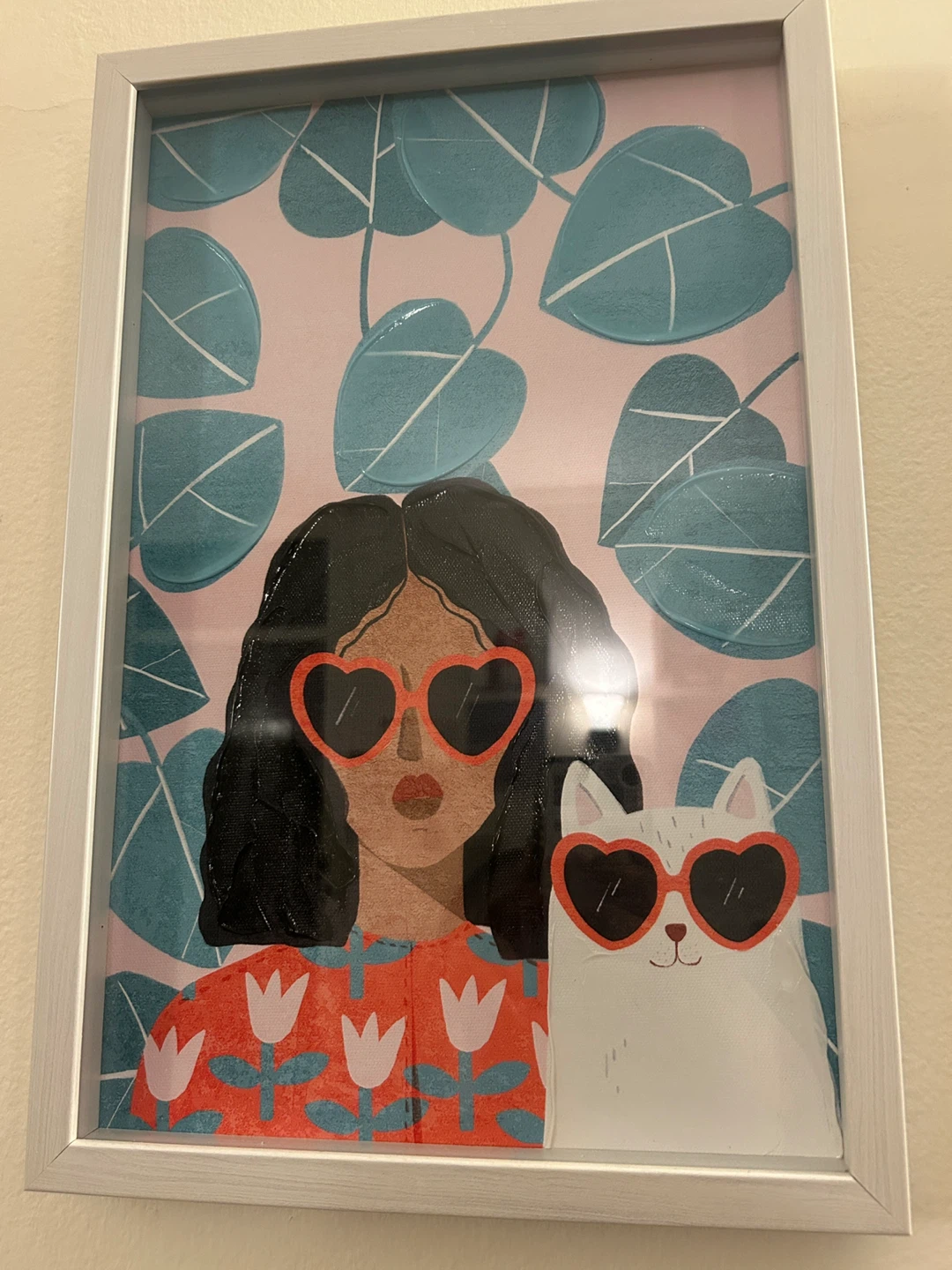 Framed Art Print - Woman and Cat with Heart Sunglasses