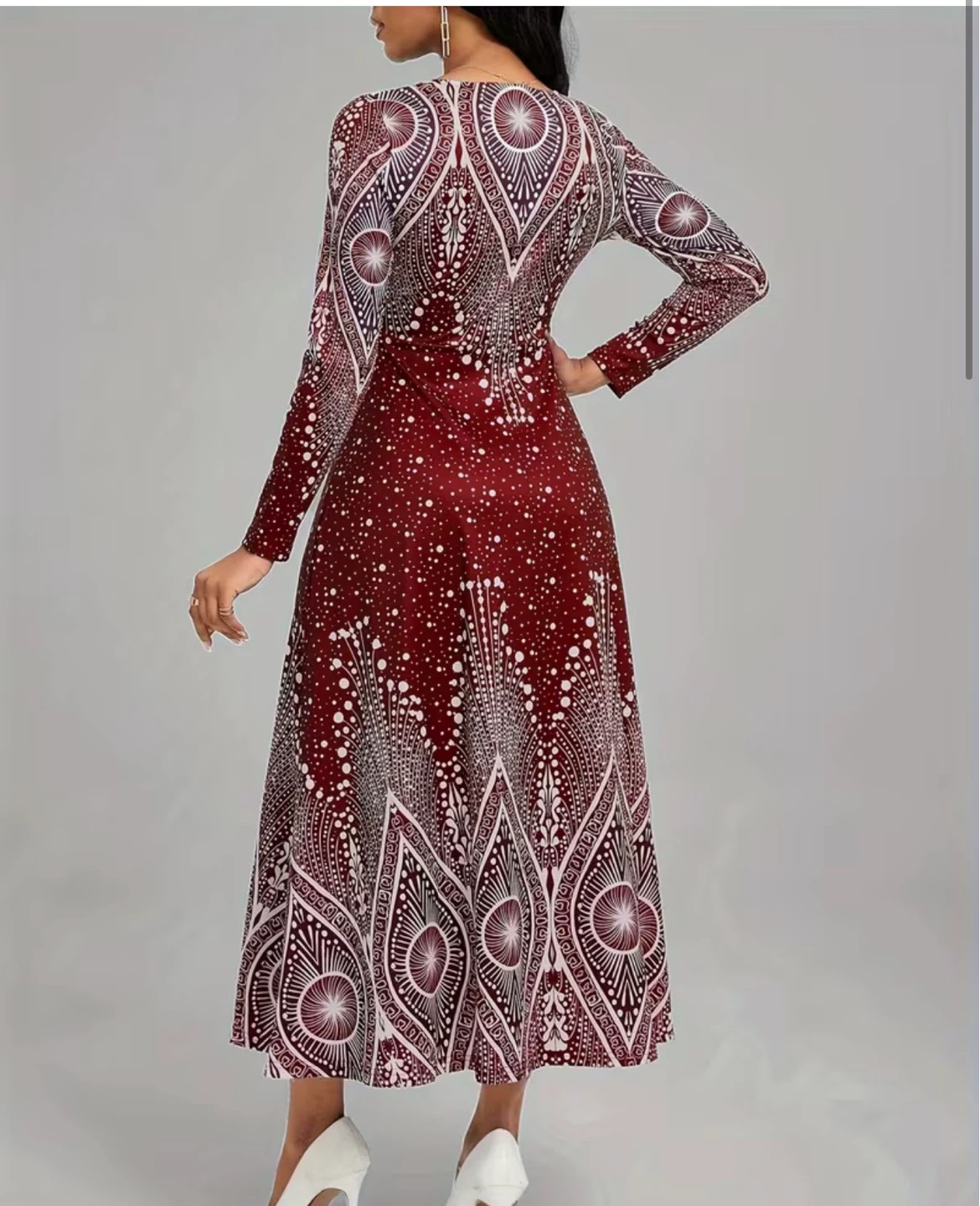 Long Sleeve Maxi Dress Red/White Pattern - photo 3