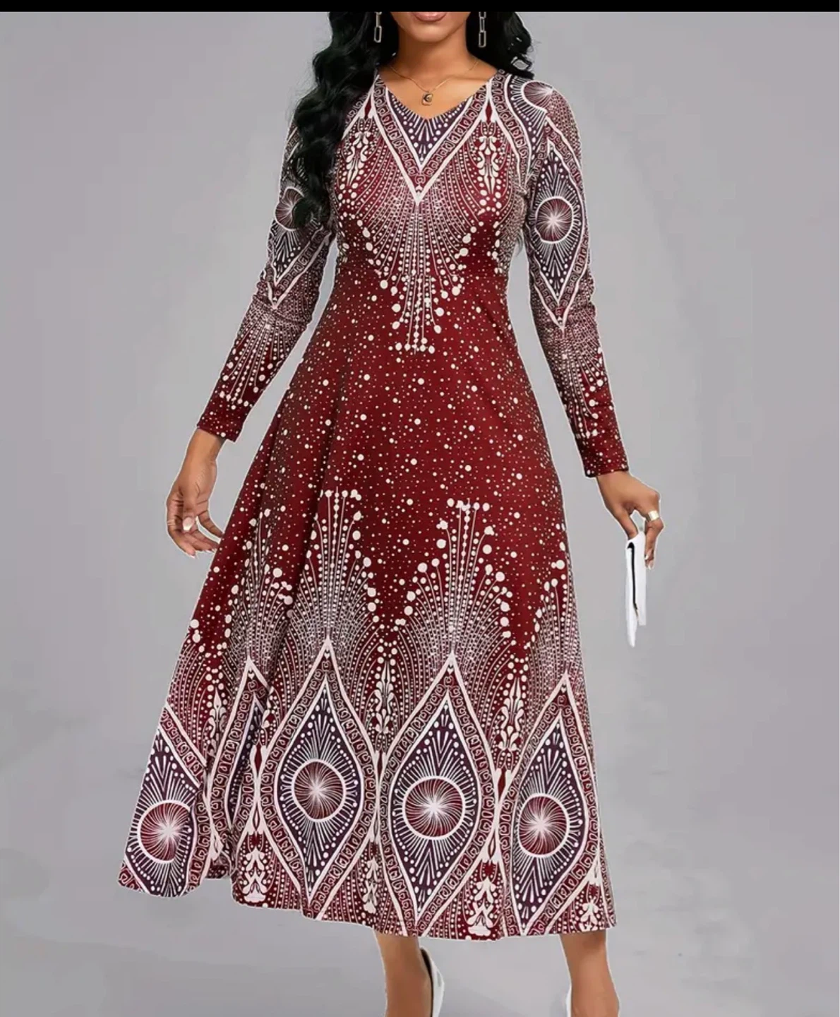 Long Sleeve Maxi Dress Red/White Pattern - photo 4